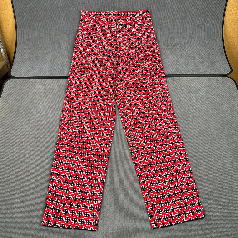 Vintage Lifes A Beach Iron Cross Print Pants Red Black Surf Streetwear 31x34